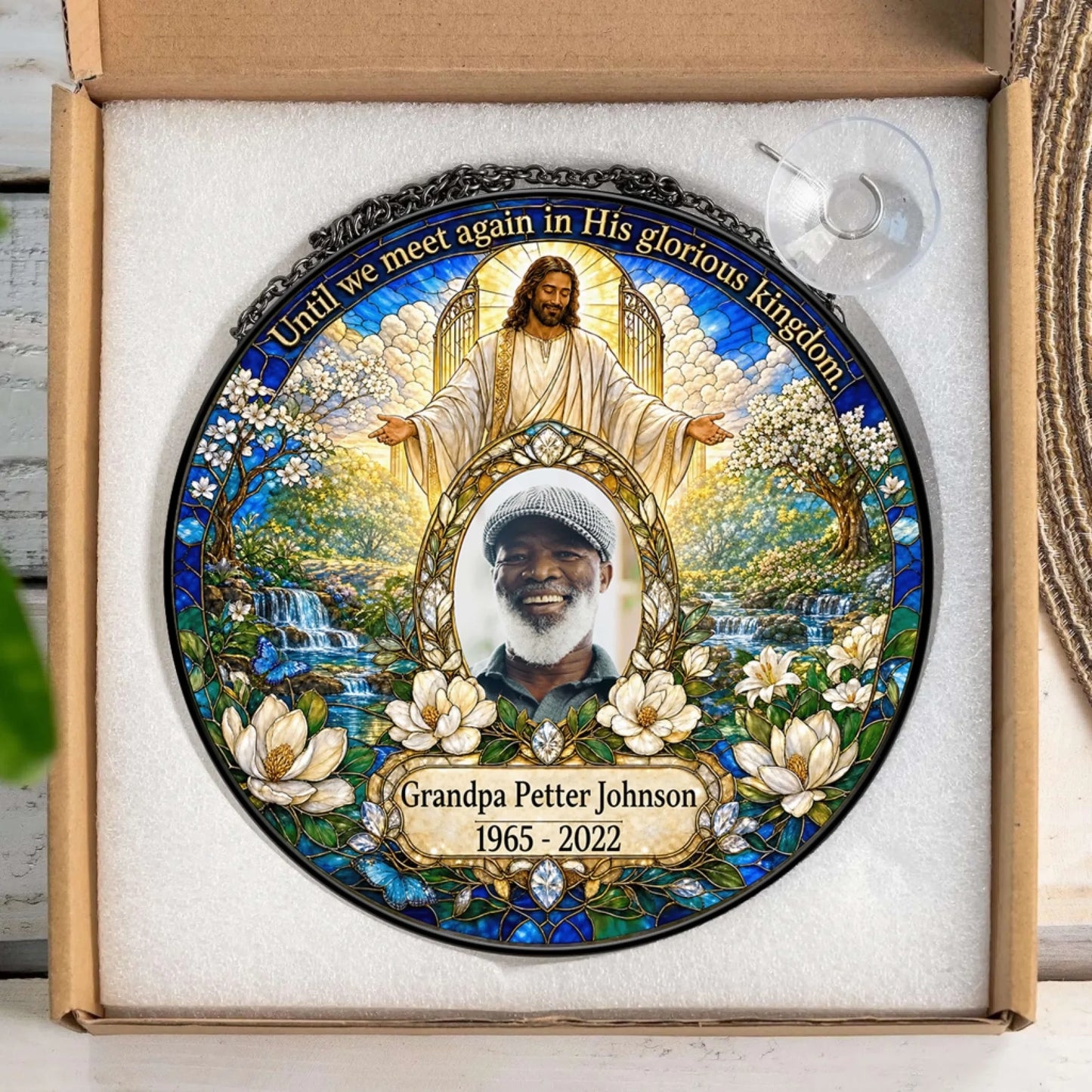 Personalized memorial stained glass suncatcher gift for loss of loved one packaged in a protective box with hardware.