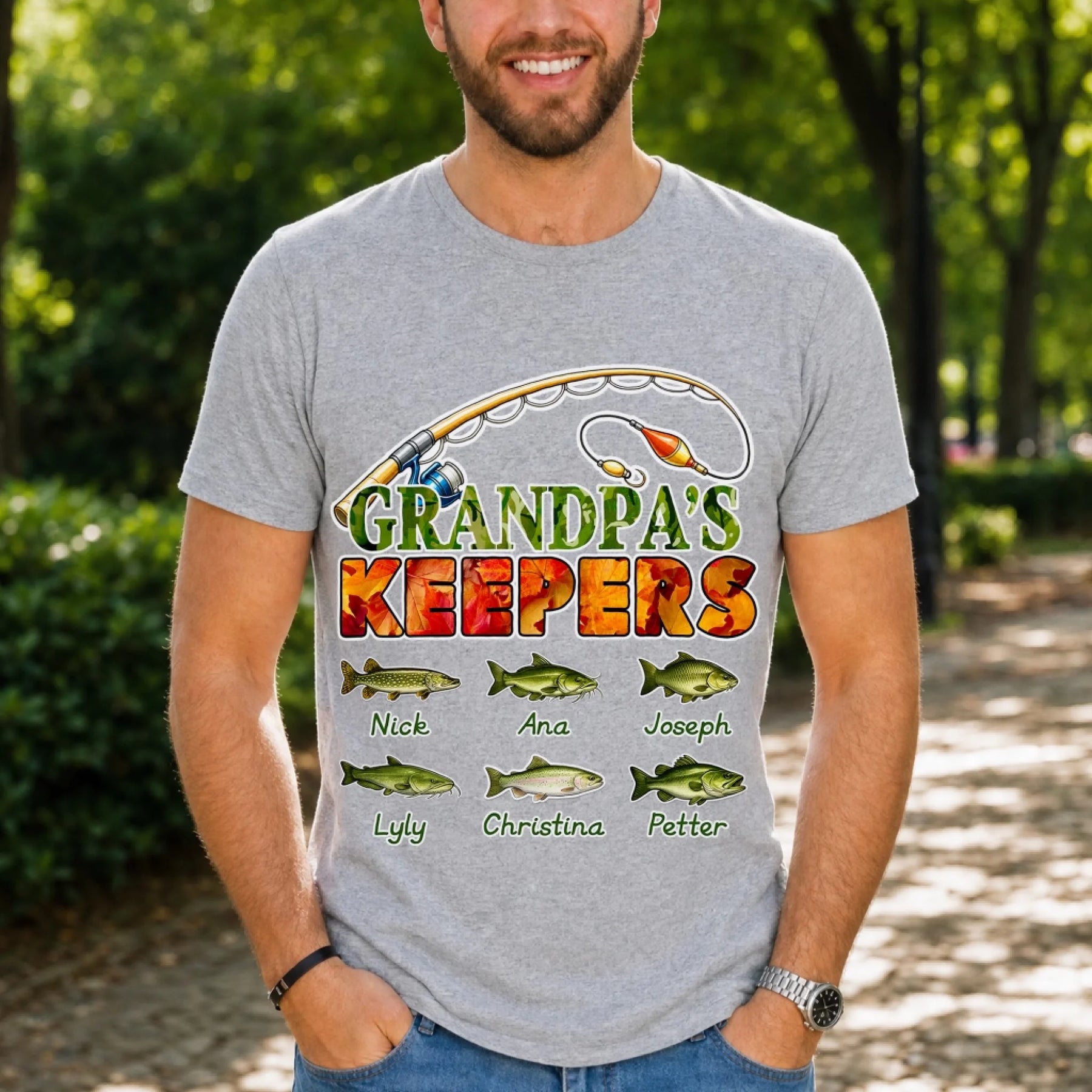 Personalized grandpa fishing t-shirt with fishing rod and fish graphics including custom names for a unique Father's Day gift.