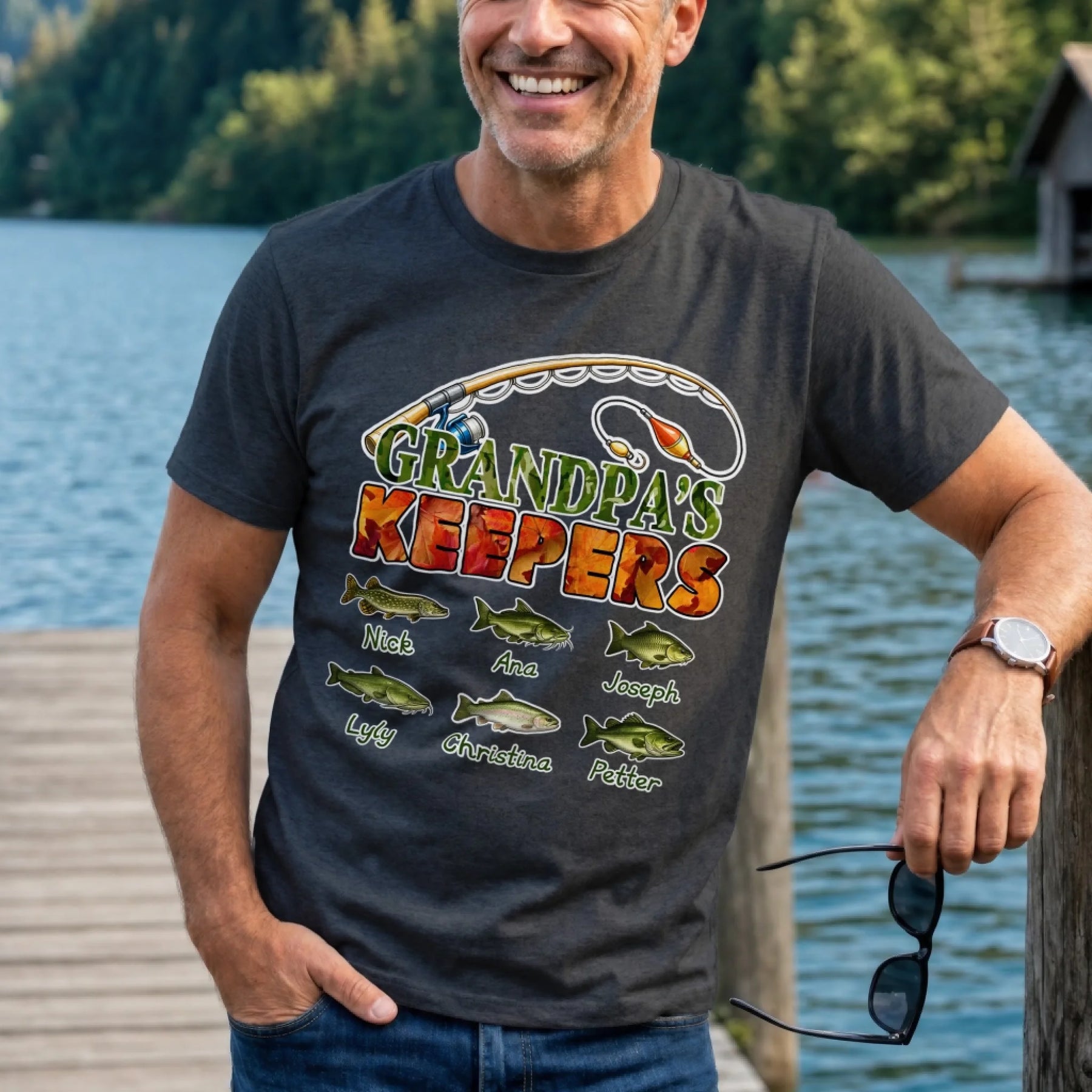 Personalized Grandpa's Keepers fishing t-shirt on a man, featuring custom names and fish designs, an ideal gift for fishing enthusiast grandfathers.