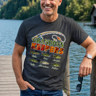 Personalized Grandpa's Keepers fishing t-shirt on a man, featuring custom names and fish designs, an ideal gift for fishing enthusiast grandfathers.