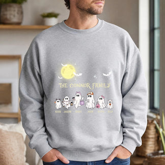 Cozy grey crewneck sweatshirt featuring a personalized ghost family design with names perfect for Halloween gifting.