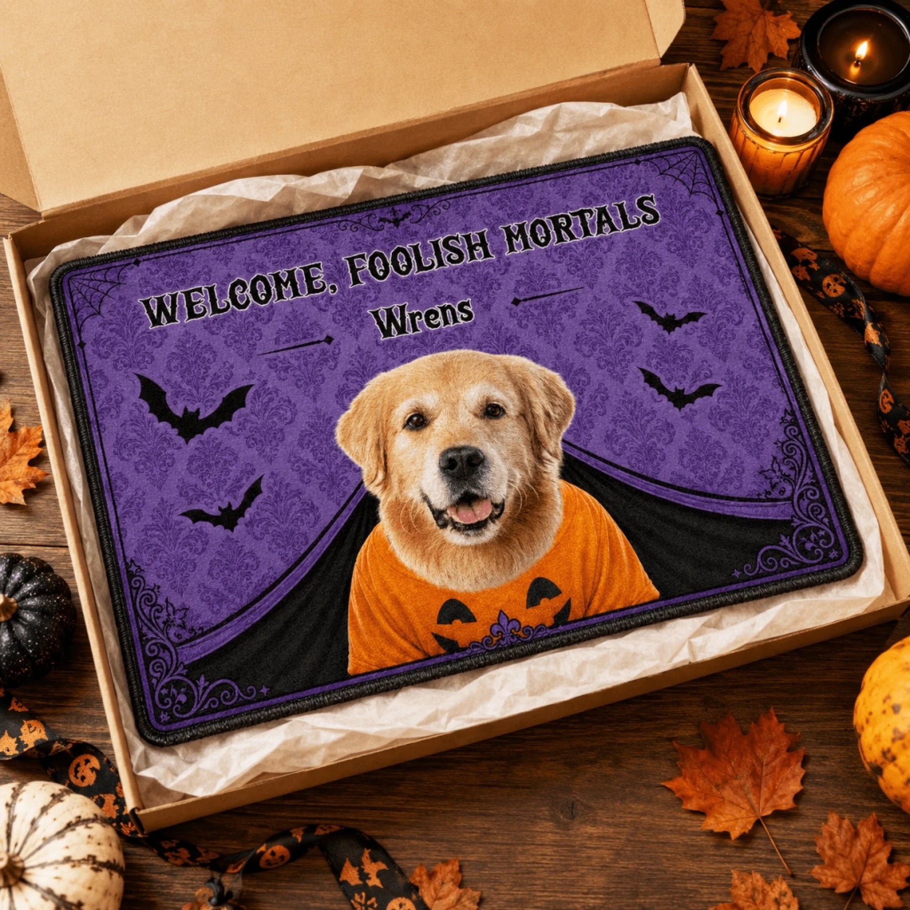Personalized Halloween doormat featuring a custom dog photo and the quote Welcome Foolish Mortals in a festive box.