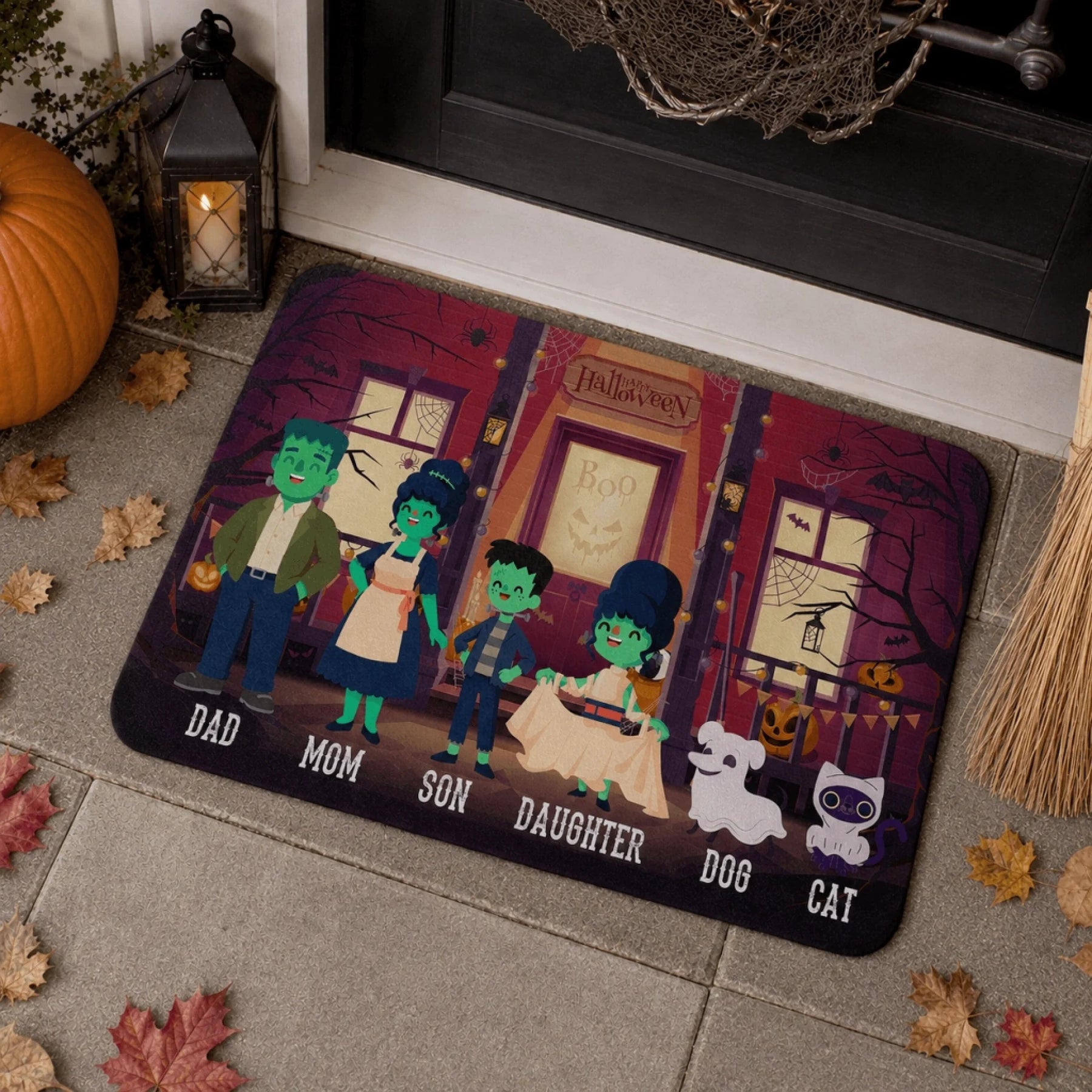 Custom Halloween doormat showcasing a fun monster family graphic on a porch step, perfect for festive seasonal home decor.