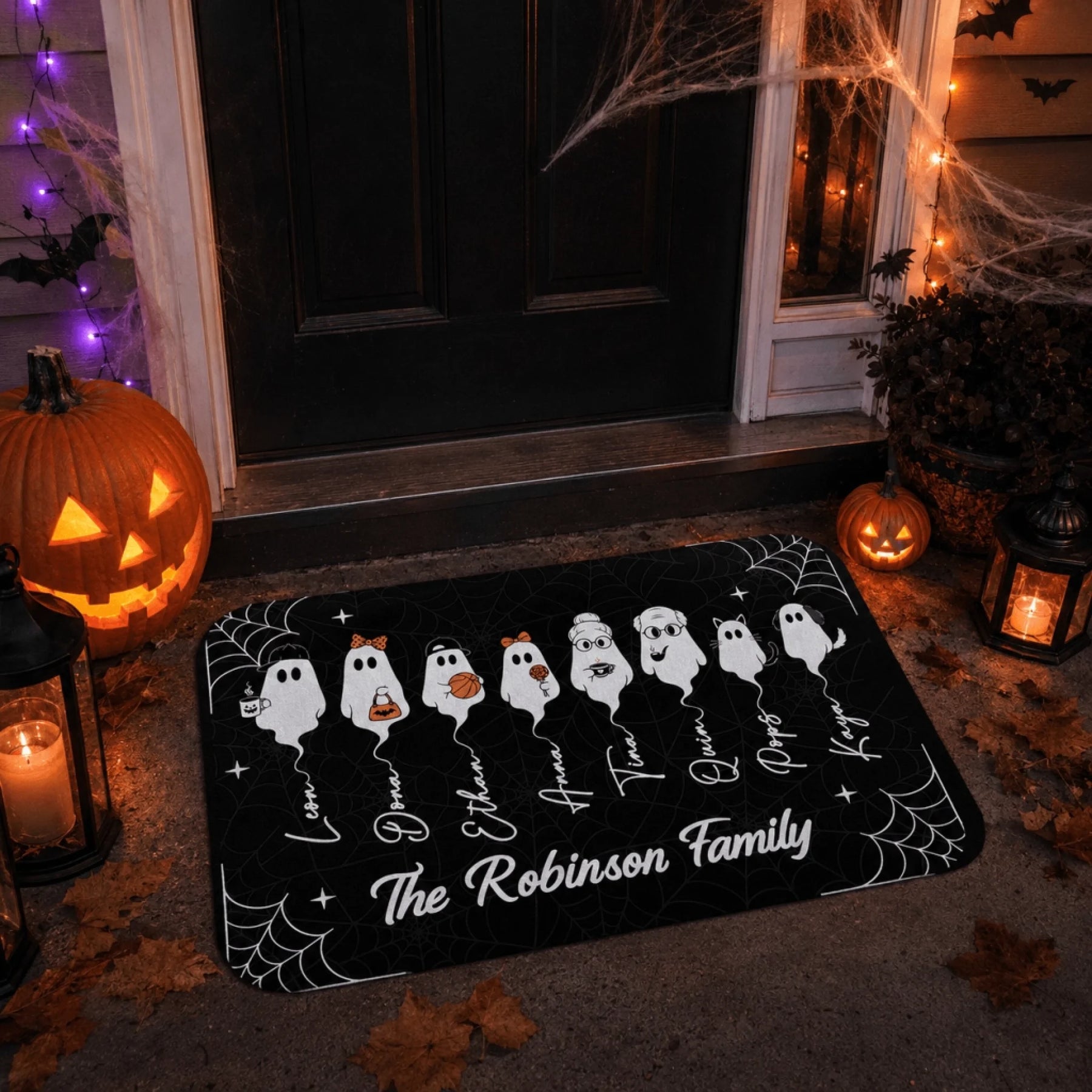 Spooky custom halloween doormat with ghost family characters and names, a perfect personalized gift for any home.