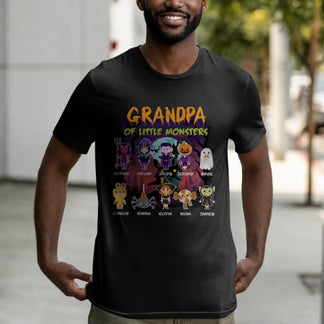Black Halloween tshirt for grandpa with custom monster illustrations and grandchildren names for a spooky family gift.