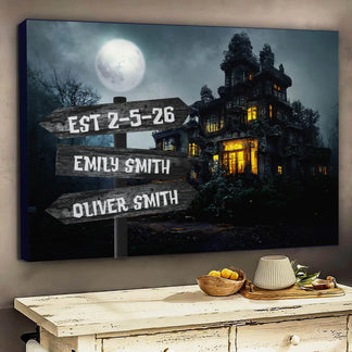 Personalized spooky haunted house canvas print displaying names Emily Smith and Oliver Smith plus establishment date for home.