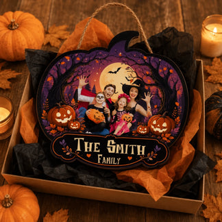 Personalized Halloween wooden sign with a family photo and The Smith Family name, presented in a gift box packaging.