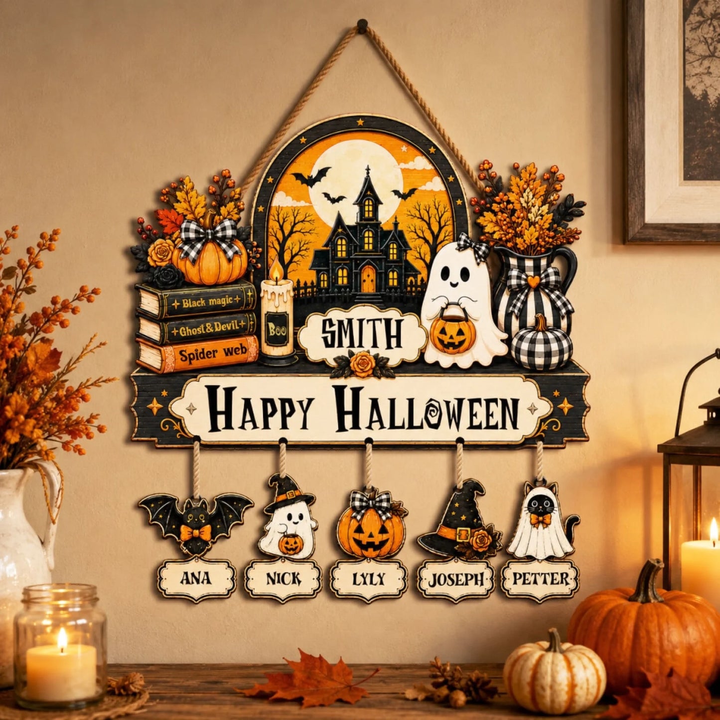 Custom Happy Halloween wooden wall decor featuring a personalized family name and hanging ornaments for each family member.