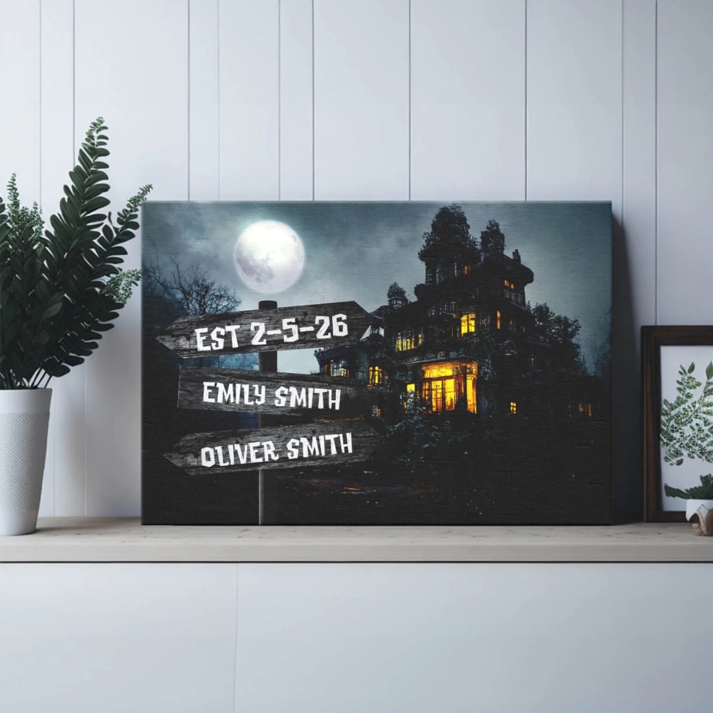 Customizable haunted mansion wall art with signposts displaying names for a unique spooky season home decoration.