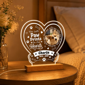 Heart shaped LED night light memorial featuring custom pet photo and engraved text for a meaningful pet loss sympathy gift.