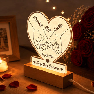 Custom heart shaped LED lamp with names, date, and Together Forever quote, elegant anniversary gift for couples.