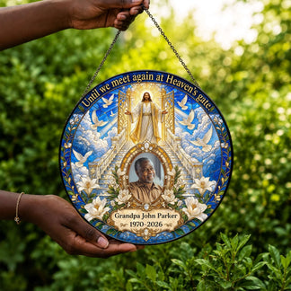 Custom heaven gate memorial suncatcher with a portrait of Grandpa John Parker and religious artwork for sympathy gift.
