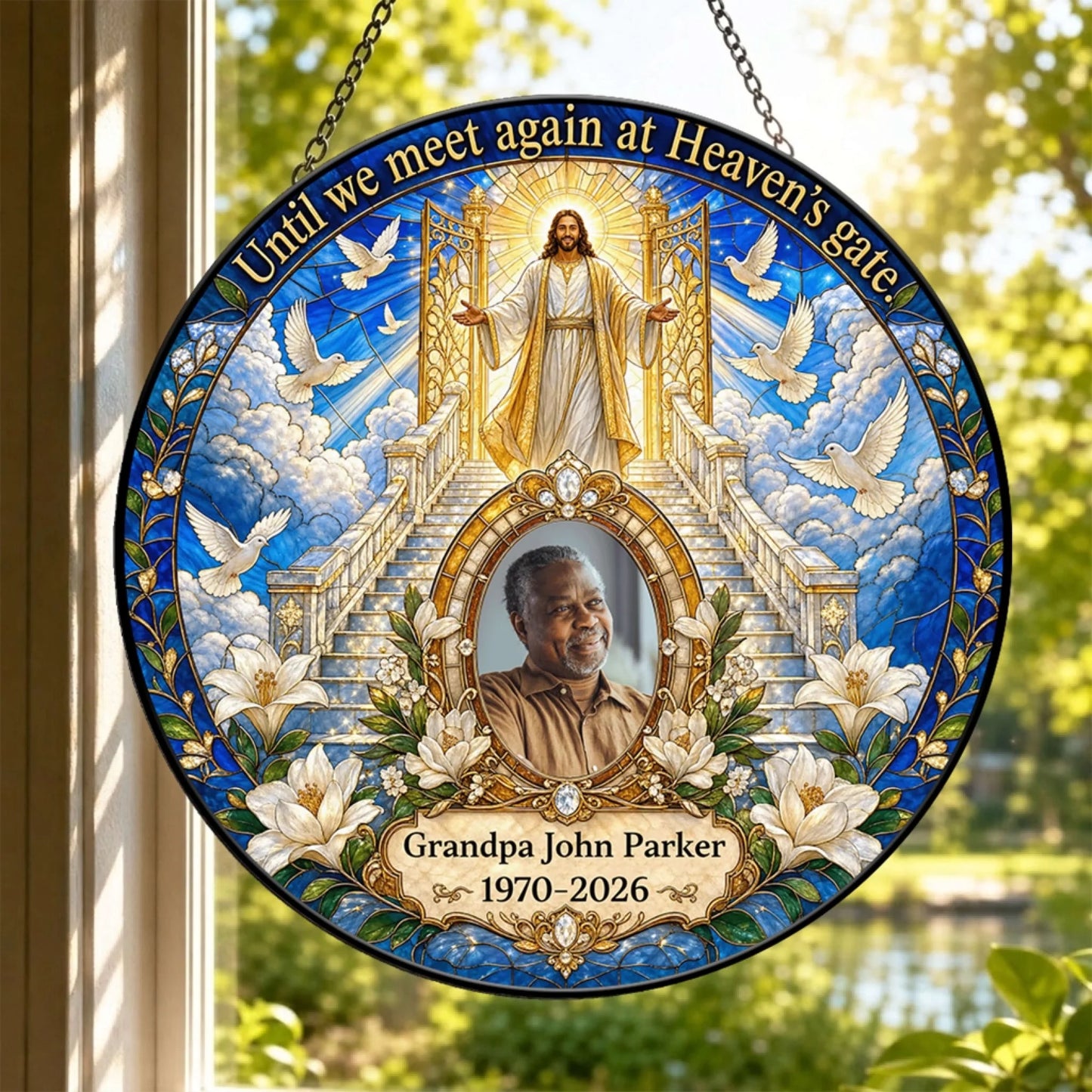 Personalized memorial suncatcher showing heaven gates, doves, and lilies as a custom sympathy gift for a loved one.