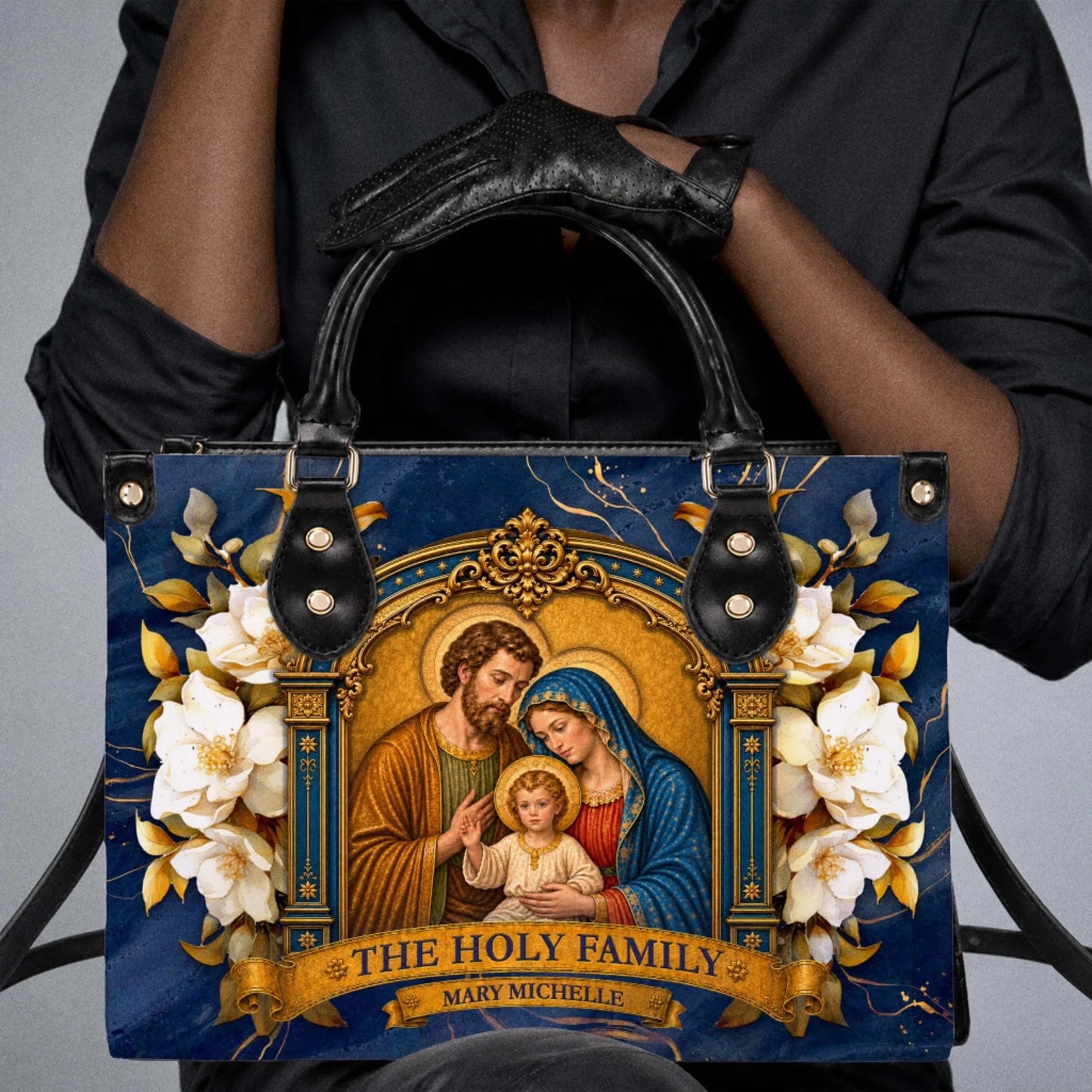 A stylish personalized handbag featuring The Holy Family, suitable as a thoughtful religious gift for any special occasion.