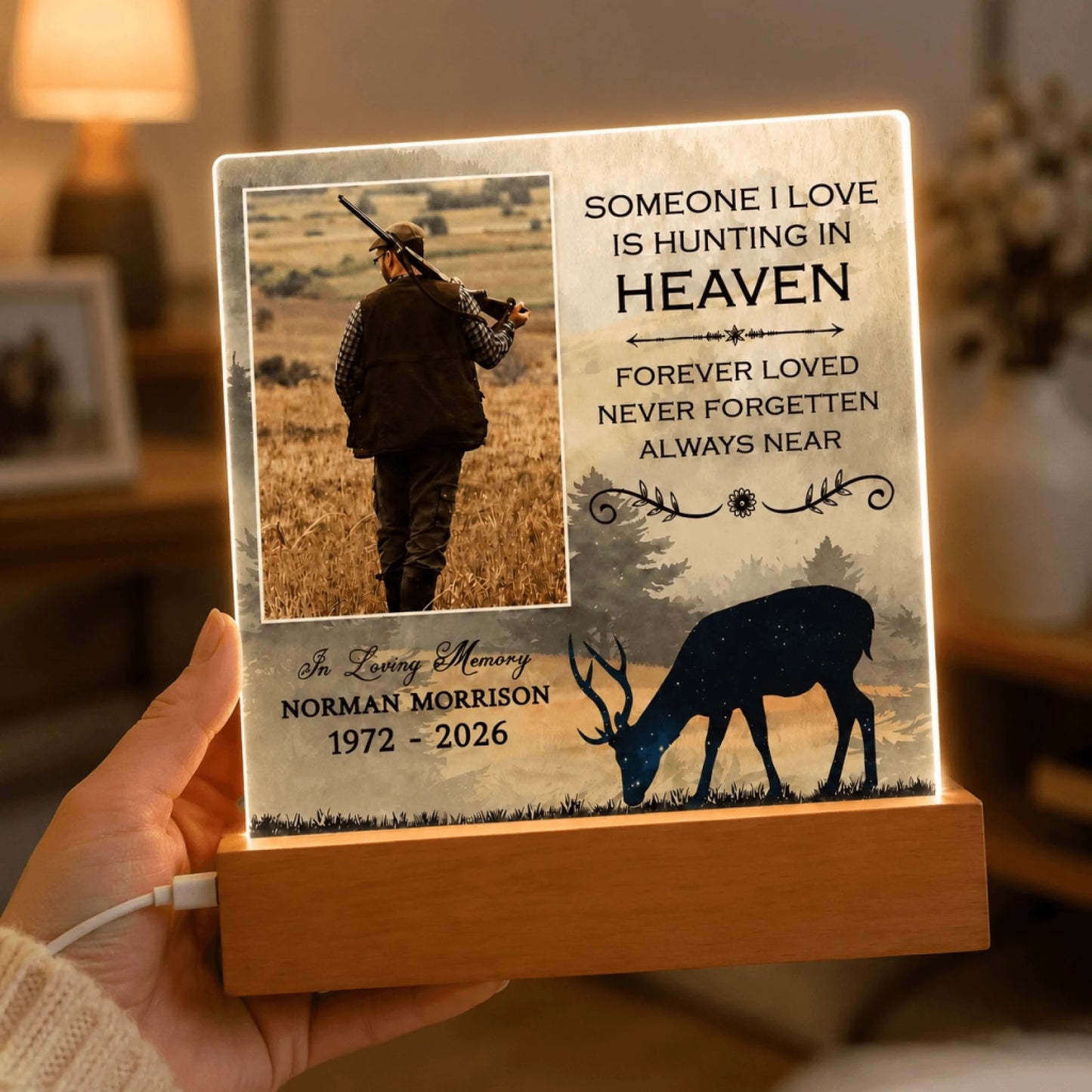 Personalized memorial LED night light featuring a hunter, deer silhouette, and custom name and years for lost loved ones.