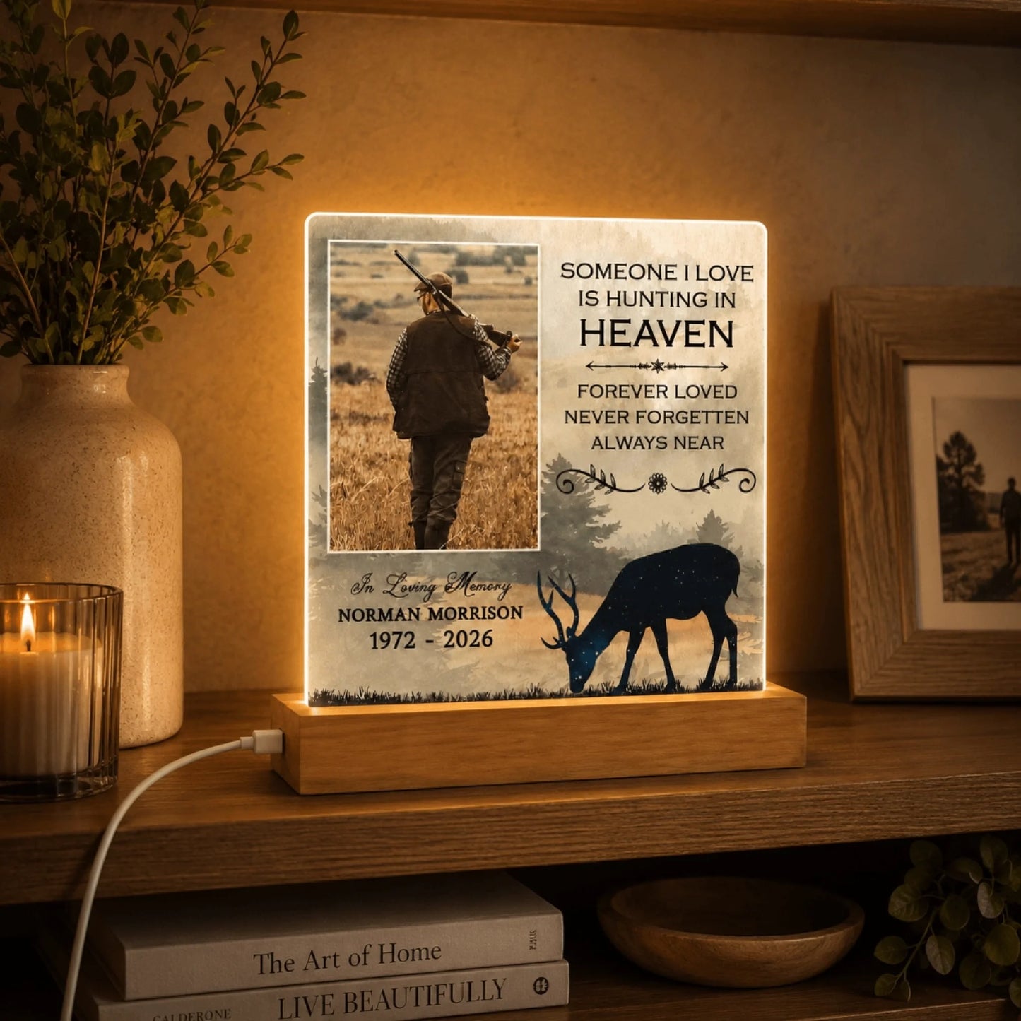Personalized memorial LED night light featuring a hunter, deer silhouette, and custom name and years for lost loved ones.