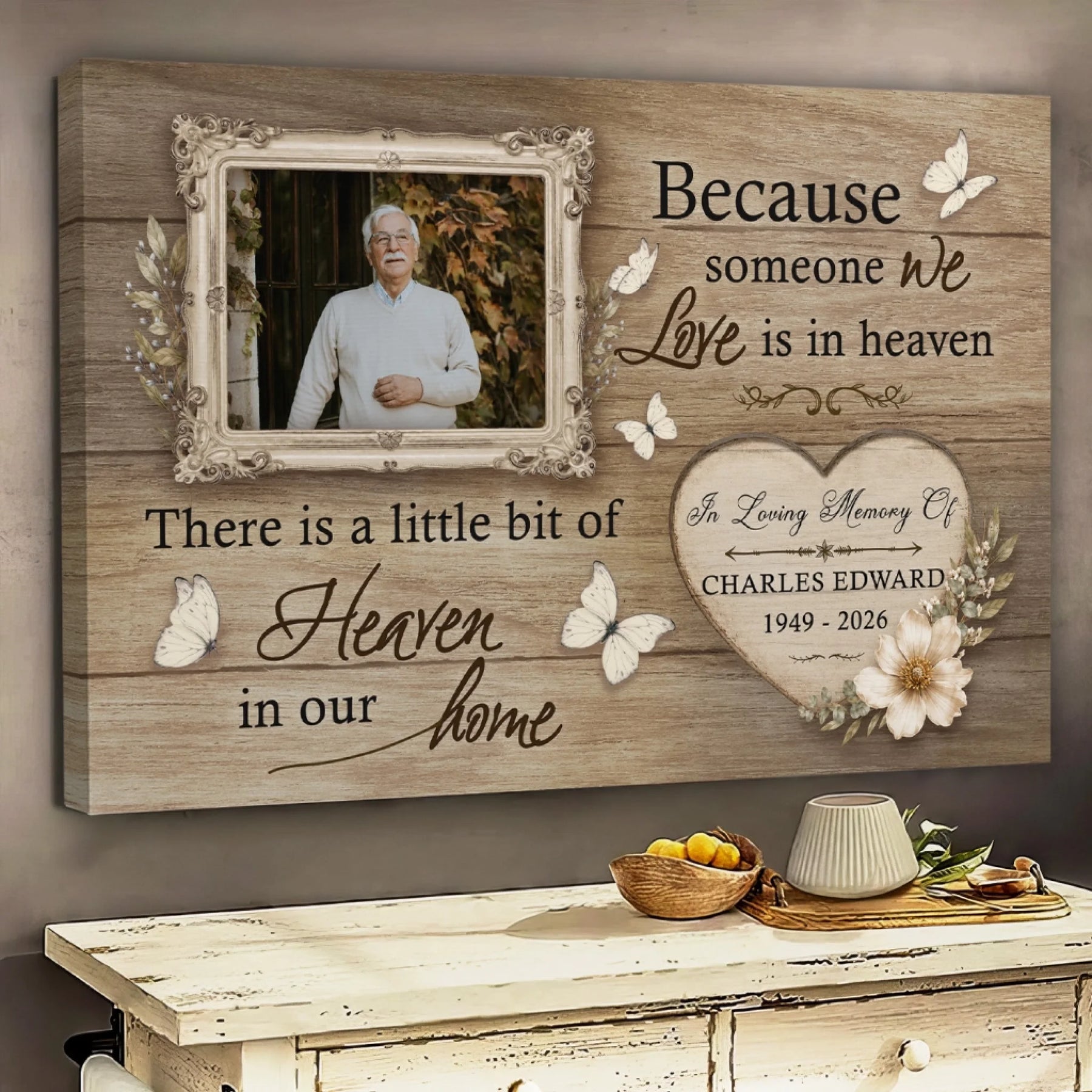 Personalized memorial canvas gift with custom photo and heart artwork featuring flowers for loss of loved one decor.