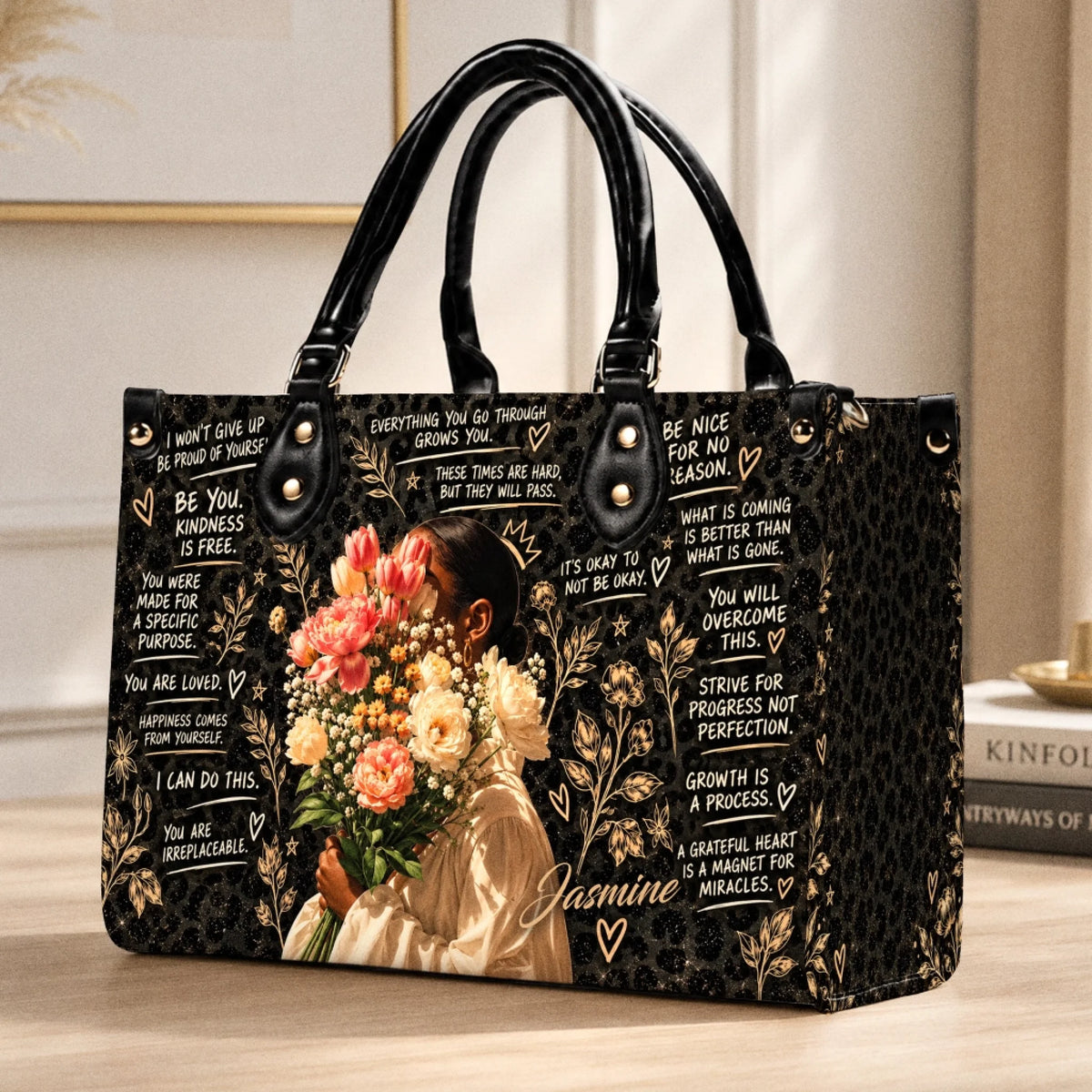 Custom floral leopard print handbag with the name Jasmine and motivational quotes for a thoughtful personalized gift.
