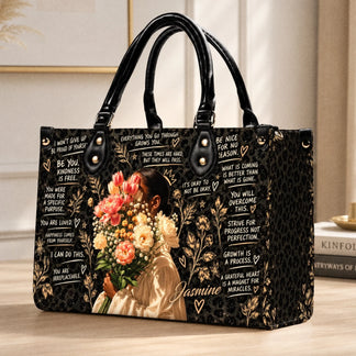 Custom floral leopard print handbag with the name Jasmine and motivational quotes for a thoughtful personalized gift.