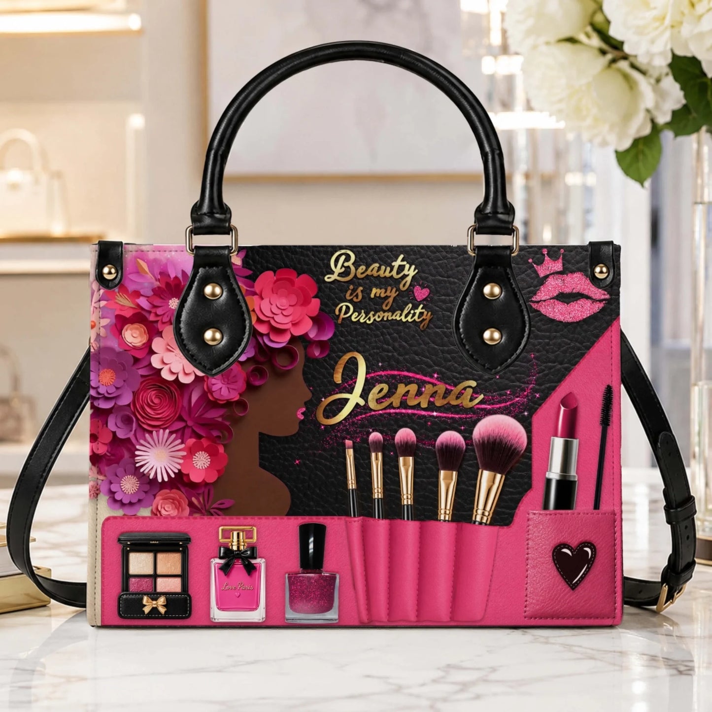 Custom Jenna name handbag with a vibrant makeup and floral theme, perfect as a unique birthday gift for beauty enthusiasts.