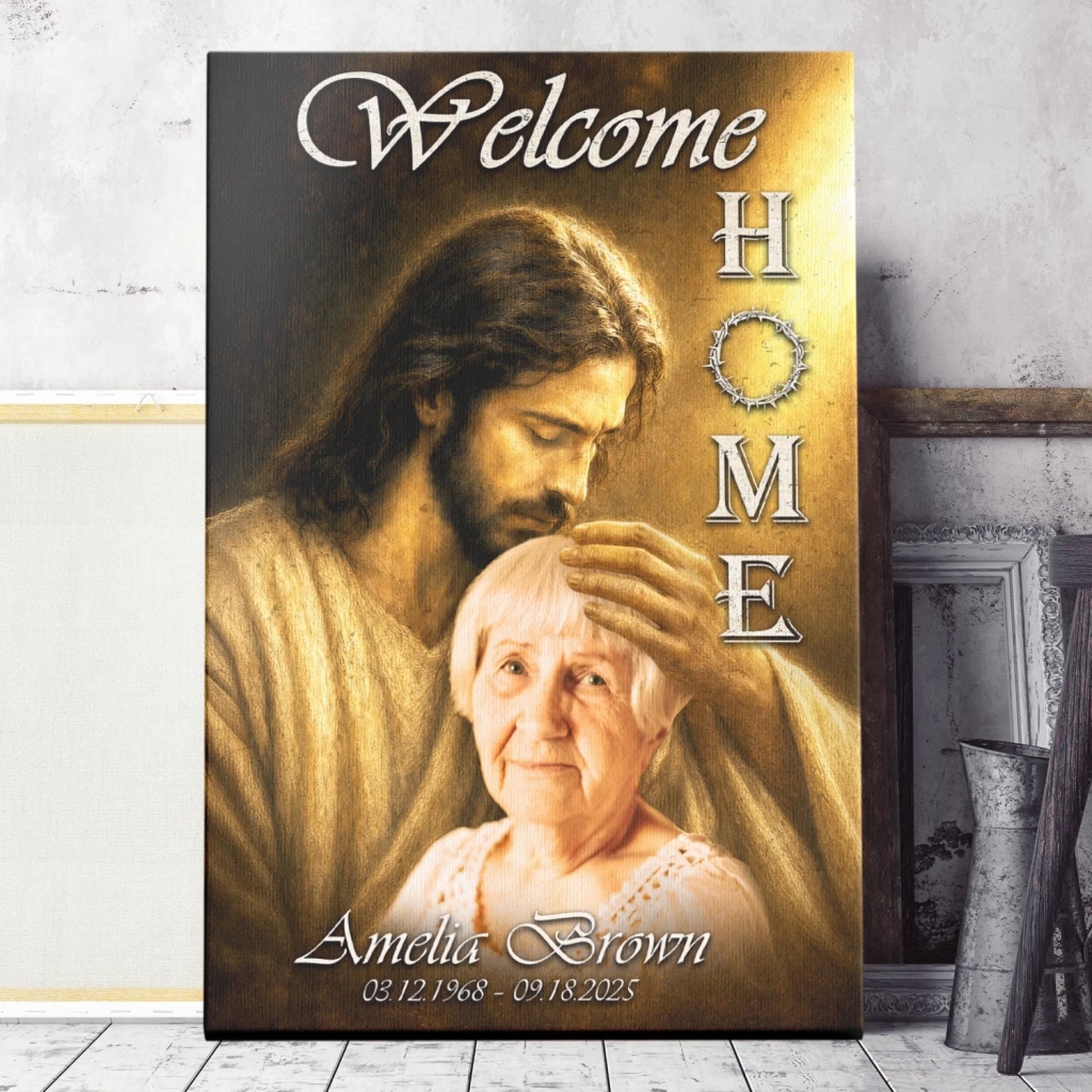 Beautiful personalized memorial canvas with Jesus, featuring custom name and dates, created as a lasting tribute gift.