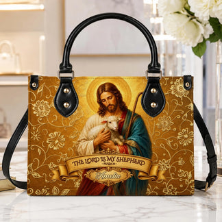 Custom religious handbag with Jesus and lamb design, displaying The Lord Is My Shepherd Psalm 23 and name Amelia.