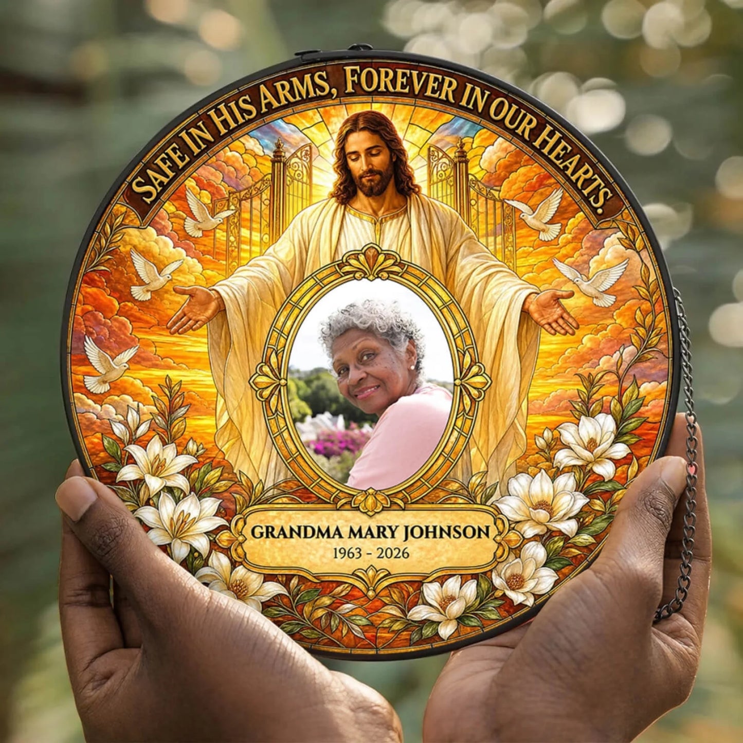 Customized memorial suncatcher showing Grandma Mary Johnson with a Jesus illustration, a thoughtful sympathy gift for loss.