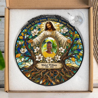 Personalized memorial stained glass suncatcher with a custom photo and name, featuring a Jesus illustration gift.