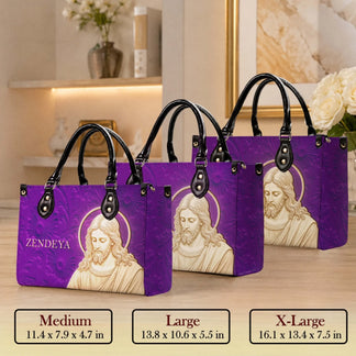 Medium large and extra large personalized purple leather handbags with religious Jesus art and custom name text.