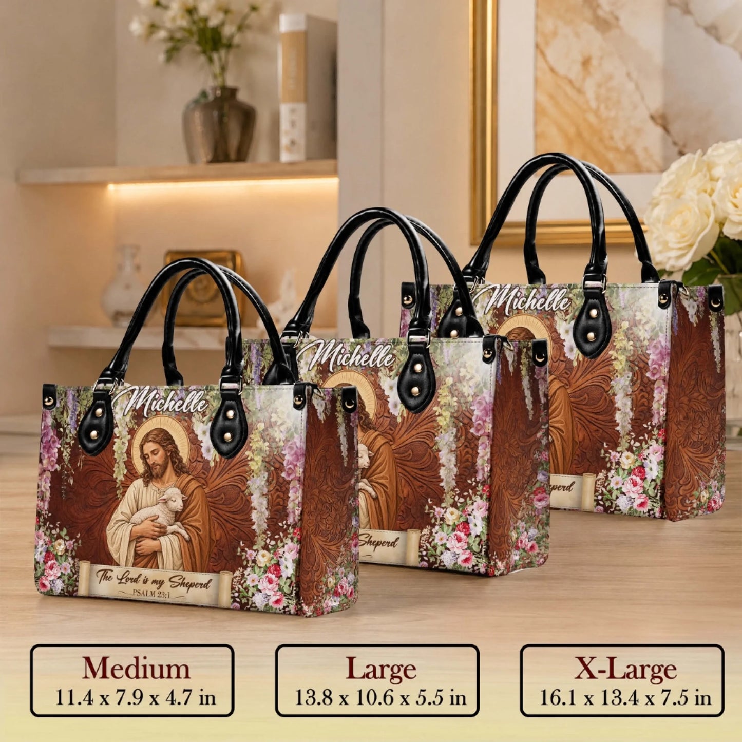 Three sizes of personalized Jesus and lamb leather handbags with floral prints and Psalm 23 1 scripture text.