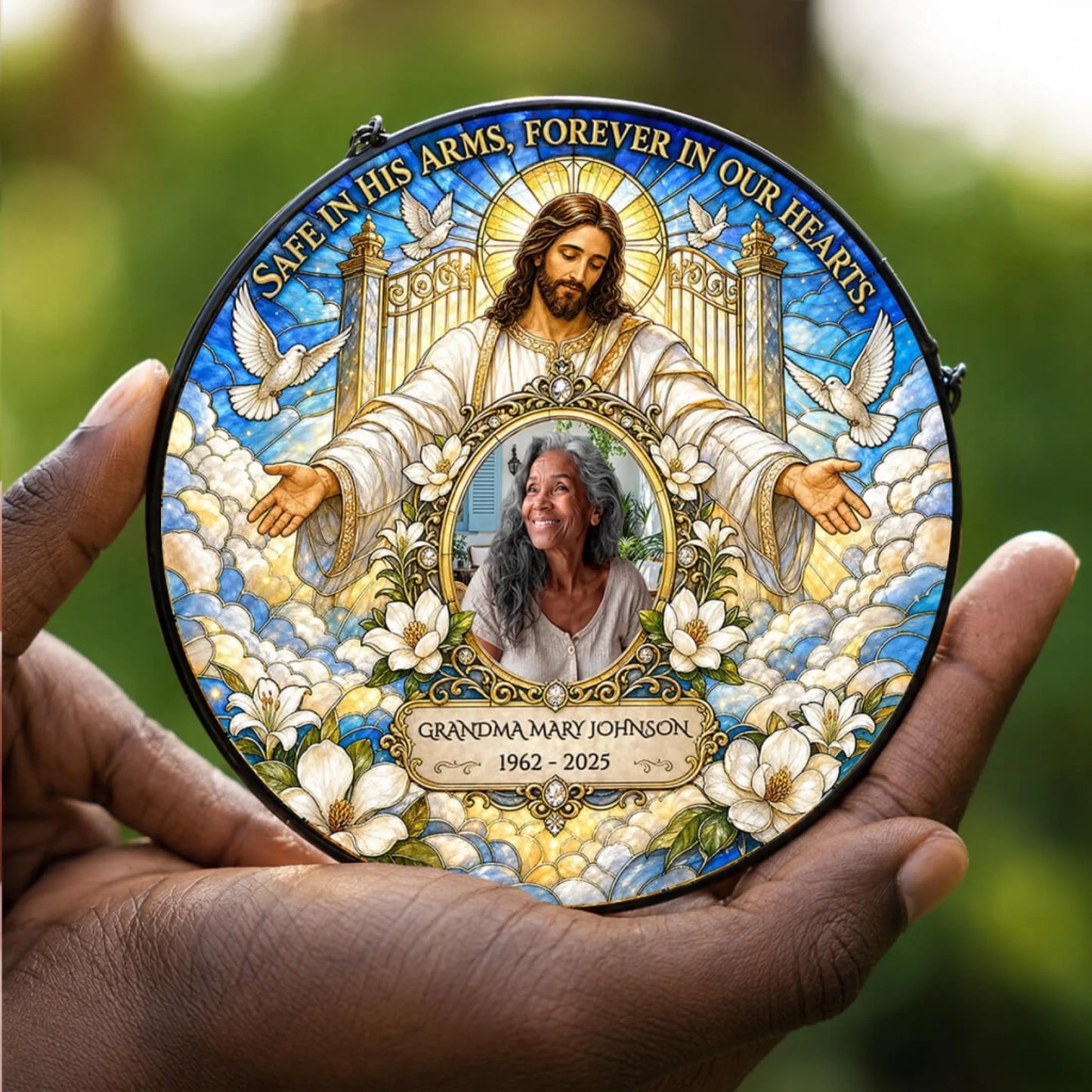 Custom religious suncatcher showing Jesus in stained glass style with a memorial photo and personalized text.