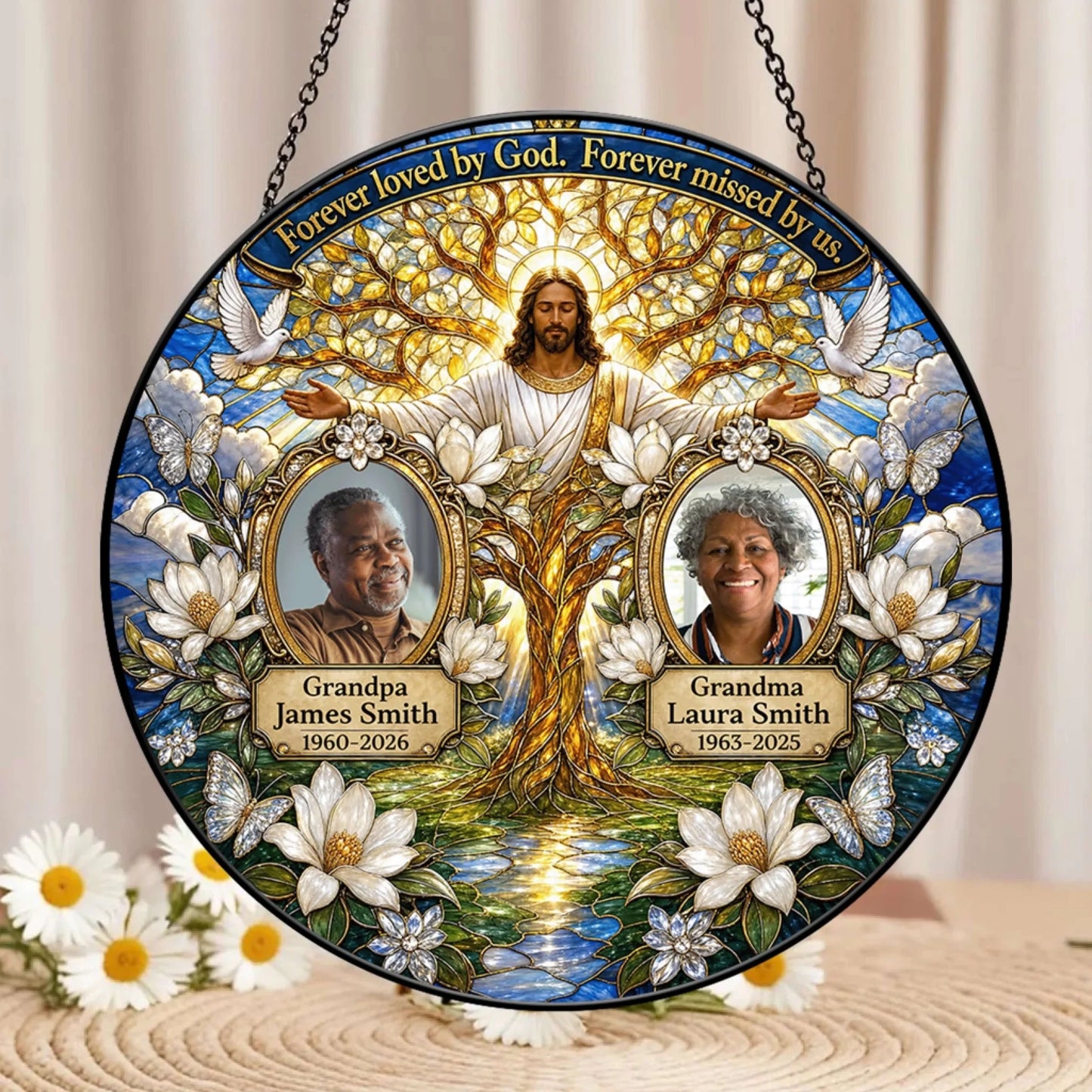 A personalized religious suncatcher gift with Jesus, memorial photo frames, names, and dates for loss of a loved one.