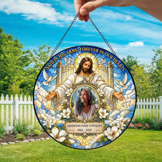 Personalized memorial suncatcher featuring a custom photo of a grandmother and a comforting religious tribute