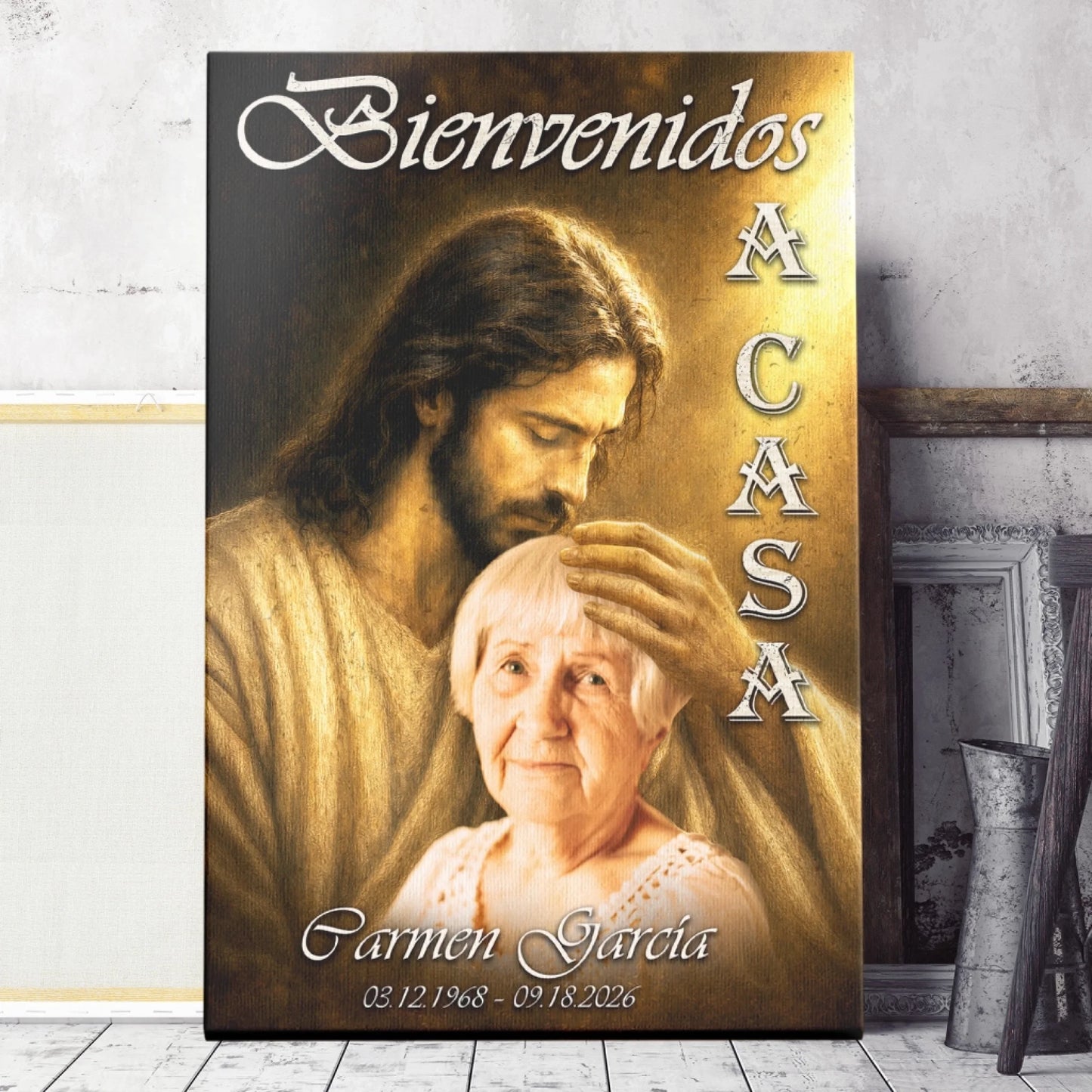Thoughtful personalized memorial canvas displaying Jesus welcoming a loved one with name and commemorative dates.