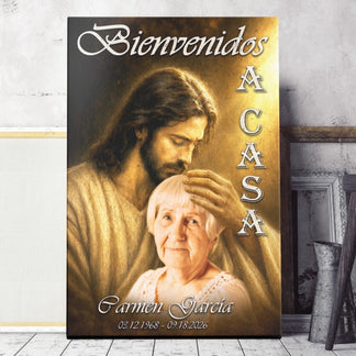 Thoughtful personalized memorial canvas displaying Jesus welcoming a loved one with name and commemorative dates.