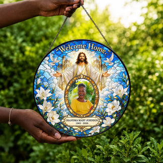 Custom Jesus Welcome Home memorial round acrylic suncatcher with a photo and commemorative dates for a sympathy gift.