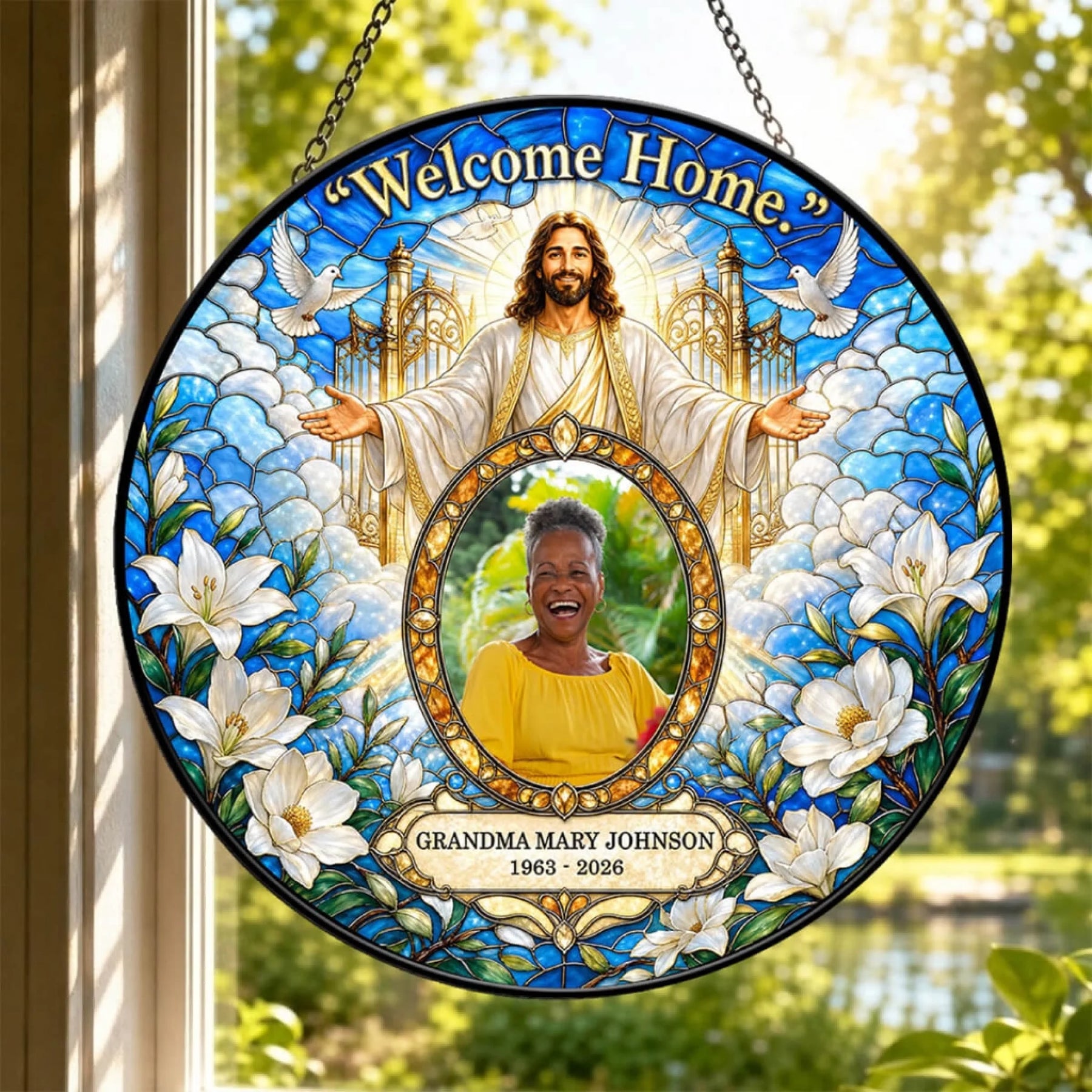 Custom memorial suncatcher for loss of loved one with Grandma Mary Johnson photo and religious stained glass design.