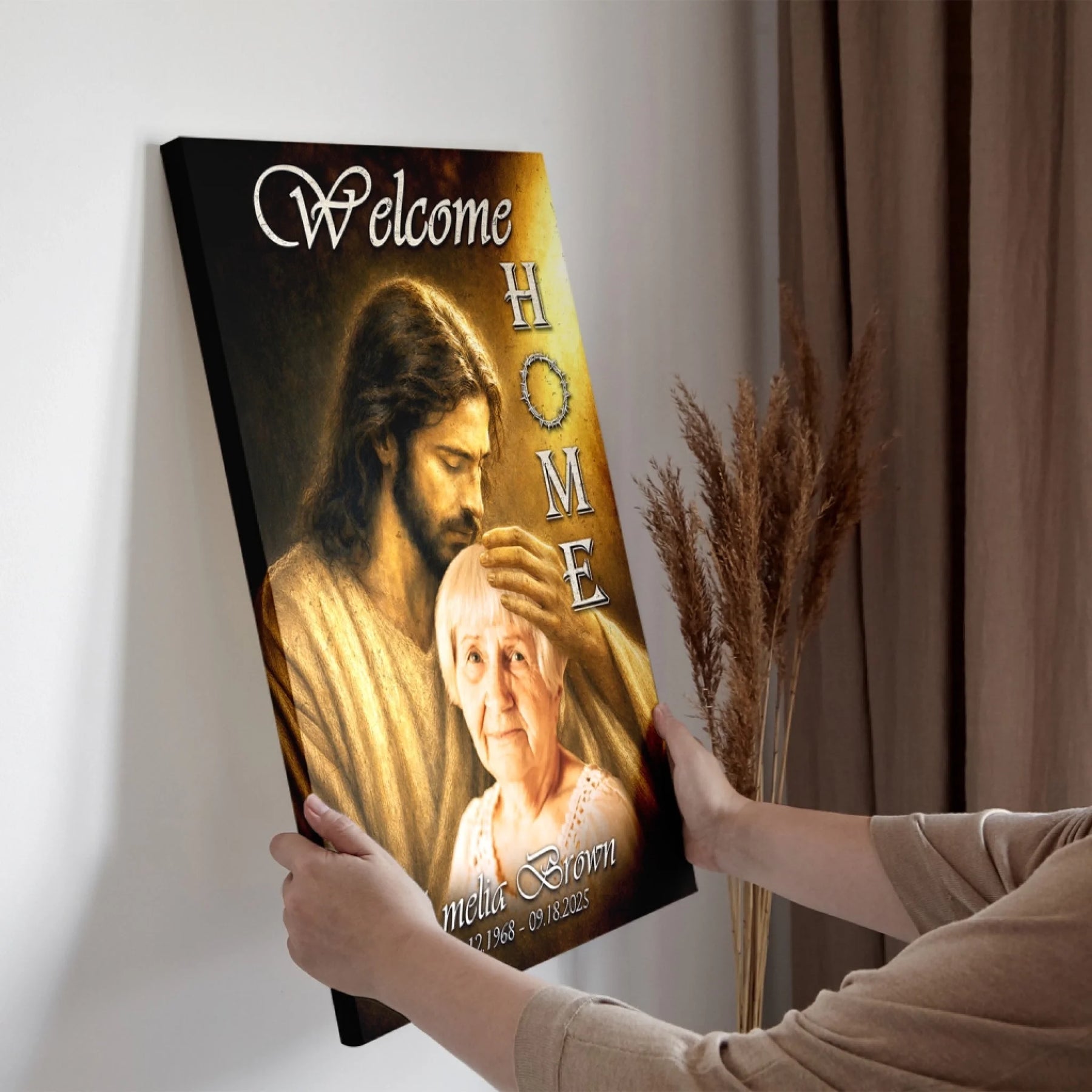 Custom memorial canvas art showing Jesus comforting a woman with personalized name and memorial dates for sympathy.