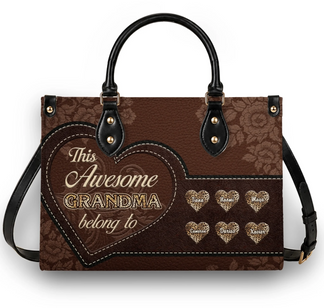 Elegant brown floral leather handbag personalized with names of grandchildren inside leopard print hearts for grandma.