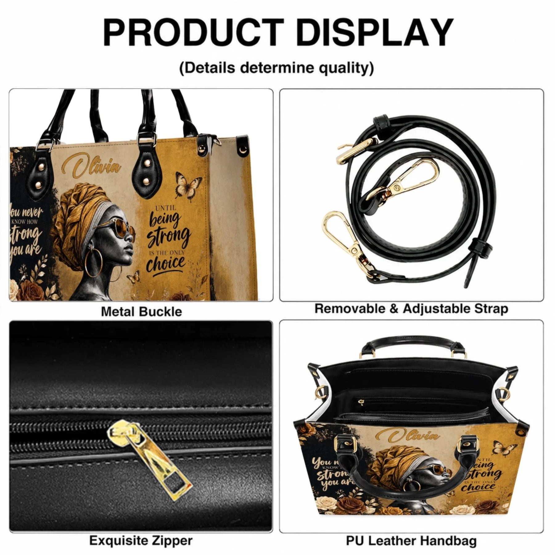 Detailed view of personalized leather handbag features including adjustable shoulder strap, exquisite zipper, and metal hardware.