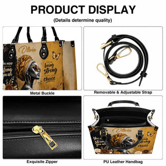 Detailed view of personalized leather handbag features including adjustable shoulder strap, exquisite zipper, and metal hardware.
