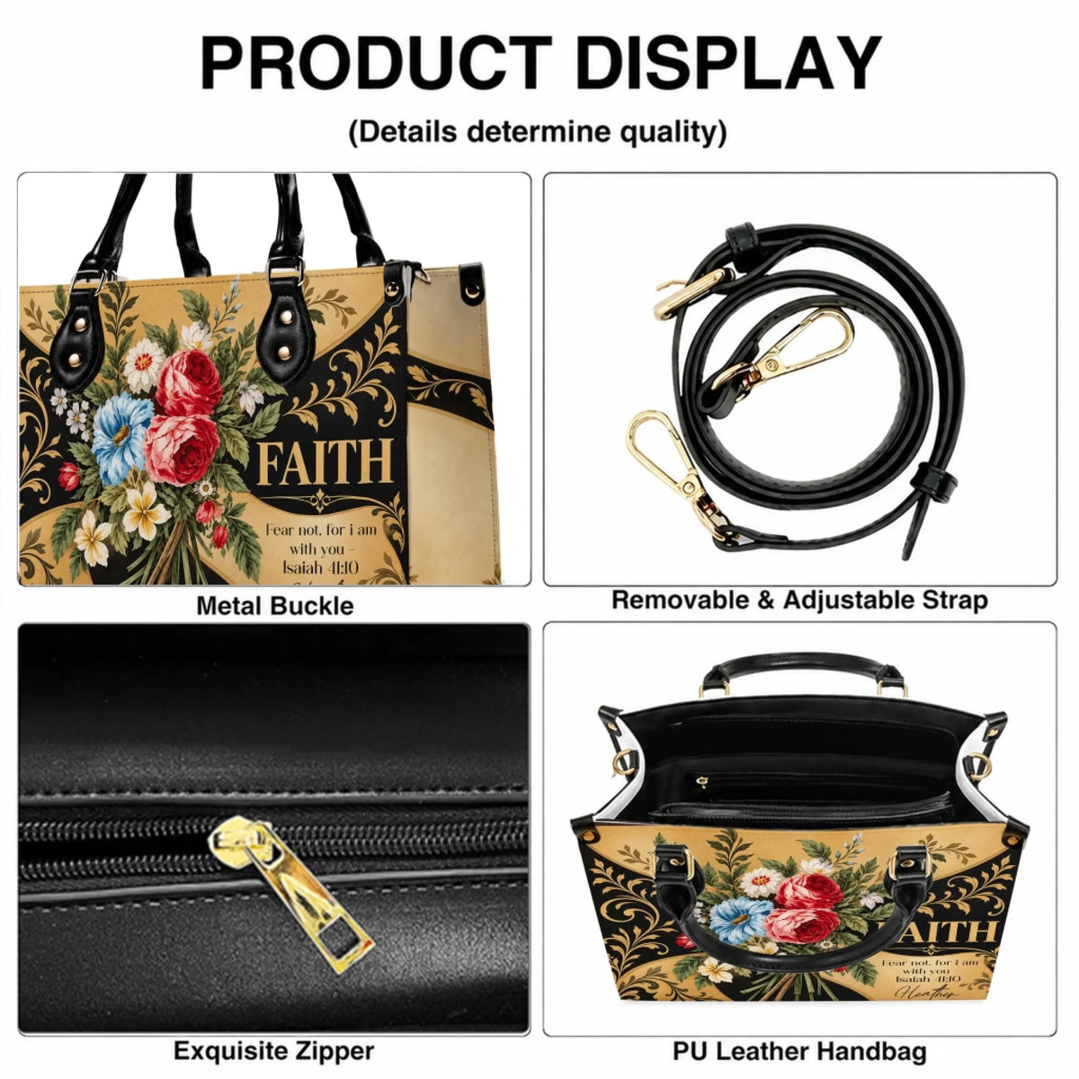 Detailed features of custom faith floral leather handbag showing metal buckles adjustable strap and interior zipper