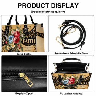 Detailed features of custom faith floral leather handbag showing metal buckles adjustable strap and interior zipper