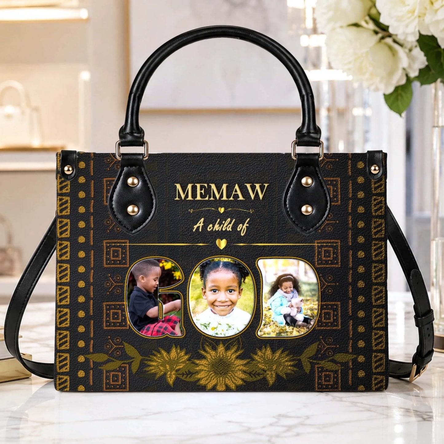 Customized brown leather shoulder bag featuring three photo frames and a sunflower design for a personalized gift.