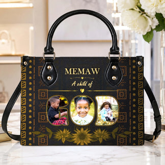 Customized brown leather shoulder bag featuring three photo frames and a sunflower design for a personalized gift.