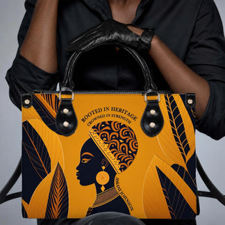 Elegant leather look tote bag held by a person wearing black gloves featuring African American heritage art