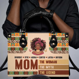 Personalized leather handbag for moms featuring an illustration of a woman, ethnic patterns, and custom names.