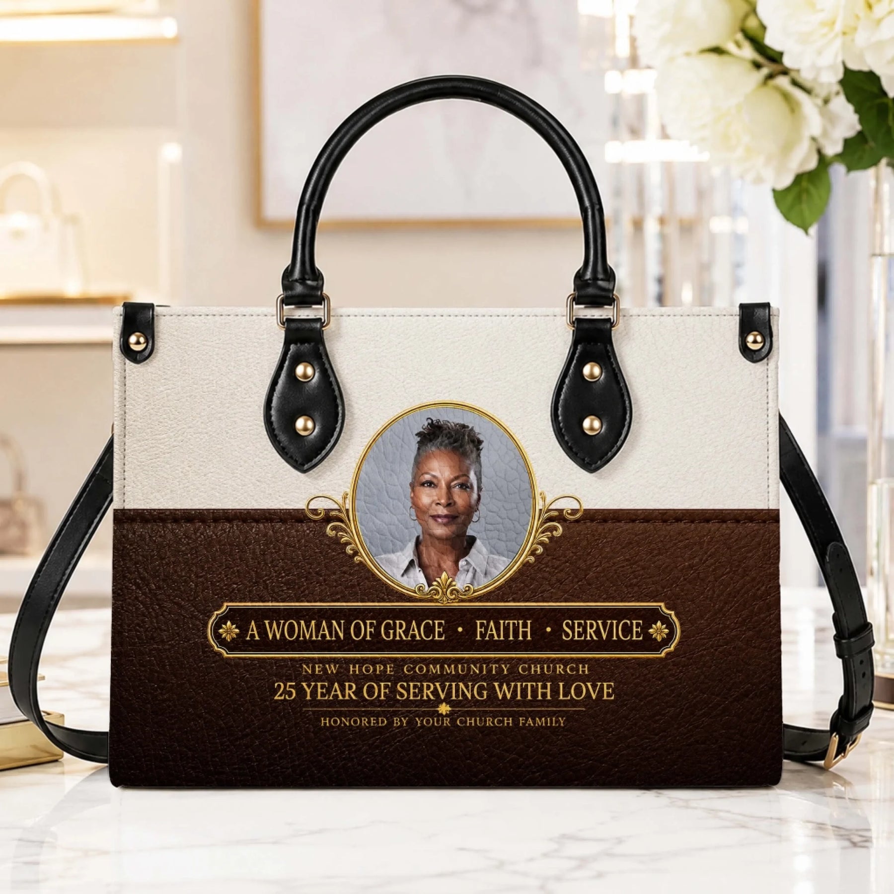 Personalized church anniversary leather tote bag with a custom photo and honoring 25 years of faithful service.