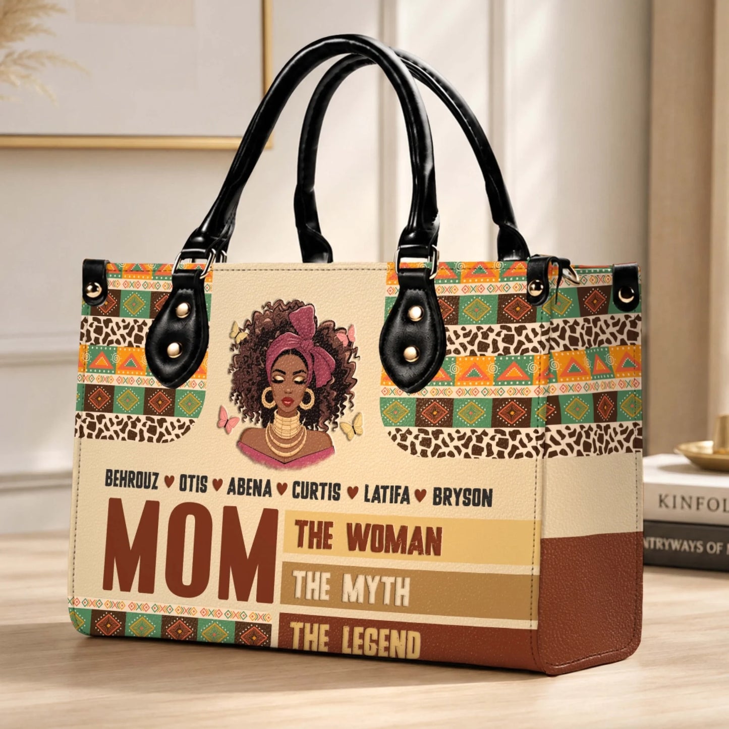 Personalized ethnic print leather handbag for mom featuring a custom character, children names, and motivational quote for birthday.