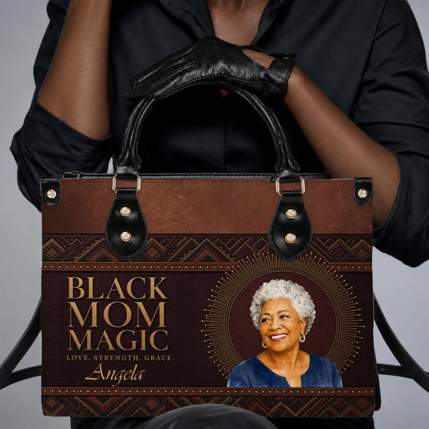 Customized leather tote bag displaying a woman's portrait and Black Mom Magic quote, ideal for personalized mom gifts